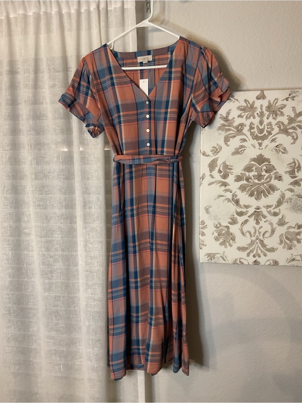 LOFT Blue & Peach Plaid V-Neck Maxi Dress with Tie Waist